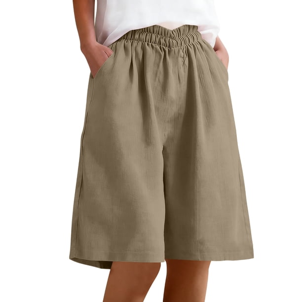 Pantalones Pantalones para Mujeres Detalle de Botón de Color Sólido Estilo de Lino de Doblado Laminado Pantalones Casuales para Uso Diario Todas las Estaciones