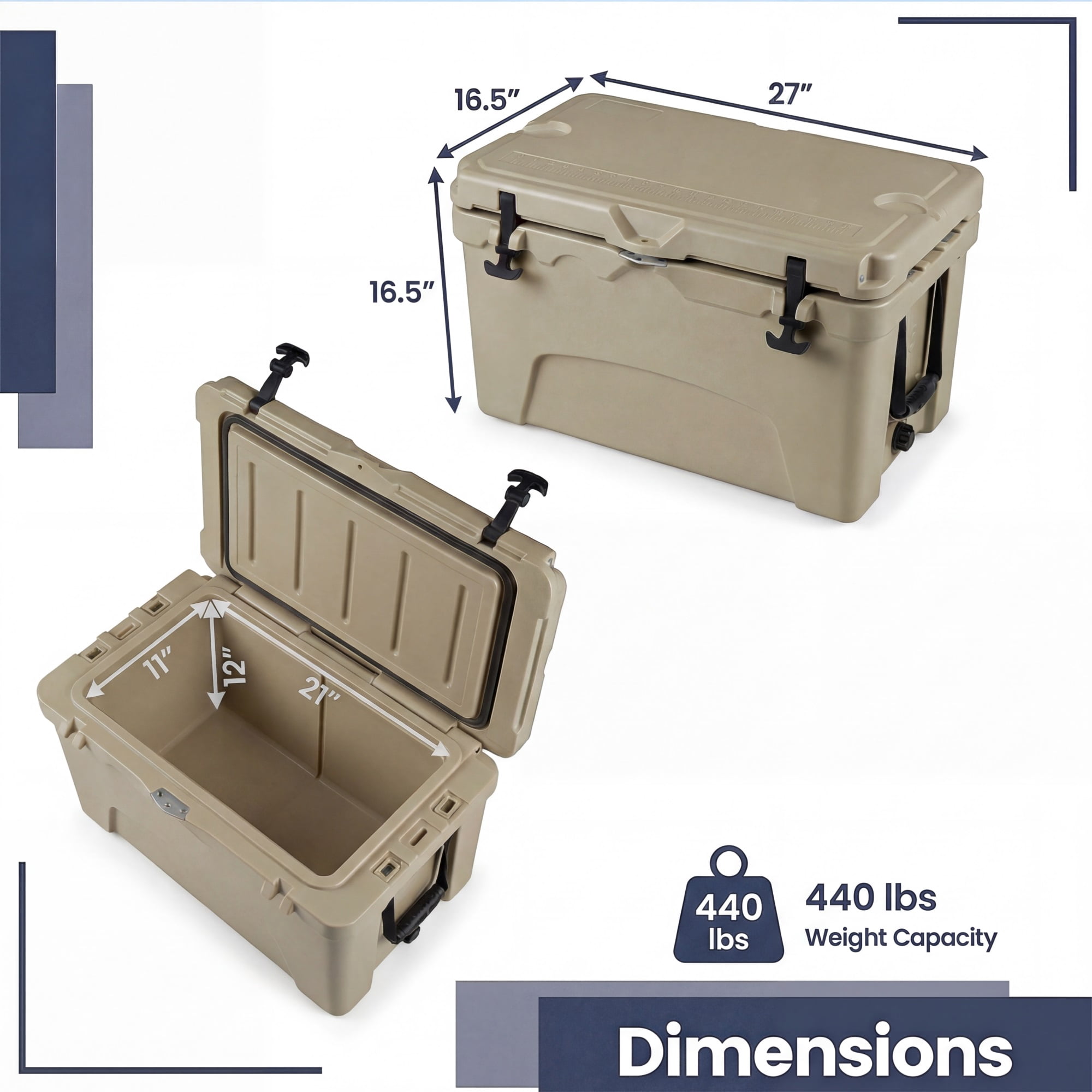 ELLEGNT 45 Quart Hard Cooler - Portable Ice Chest, 6‑Day Ice Retention, Khaki