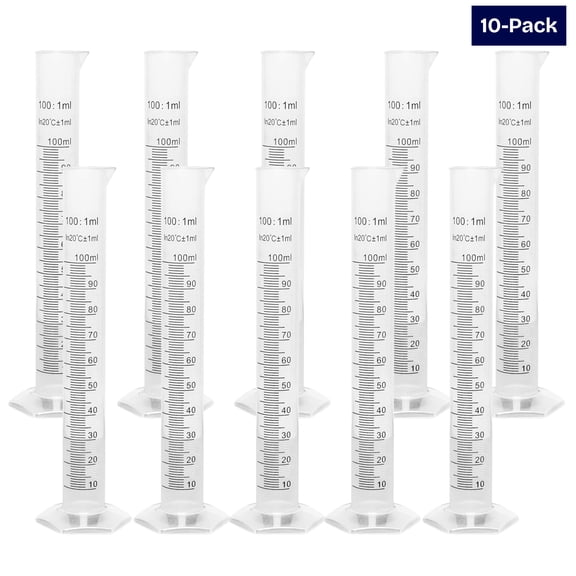 Brewing America 100ml Plastic Graduated Cylinder CASE PACK - 100ml Science Measuring Beaker Test Tube Flask, 2-sided Marking - Black and Raised Graduation Lines, Pour Spout