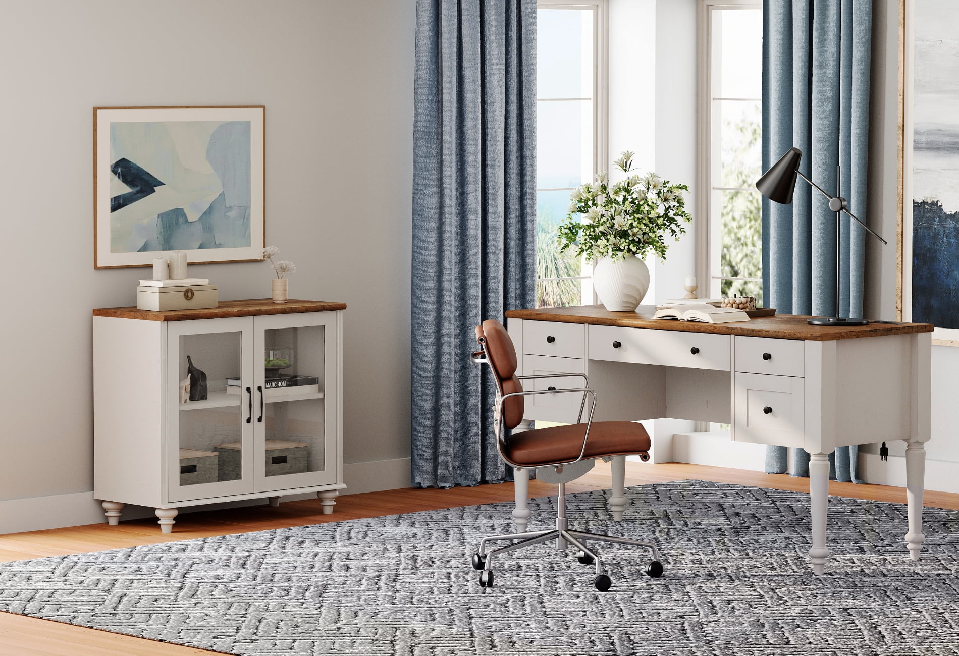 White Home Office Furniture Set, 56" Executive Desk with Charging Station, Farmhouse Cabinet with Glass Doors, Wood Computer Desk with File Cabinet Storage, Open Shelf