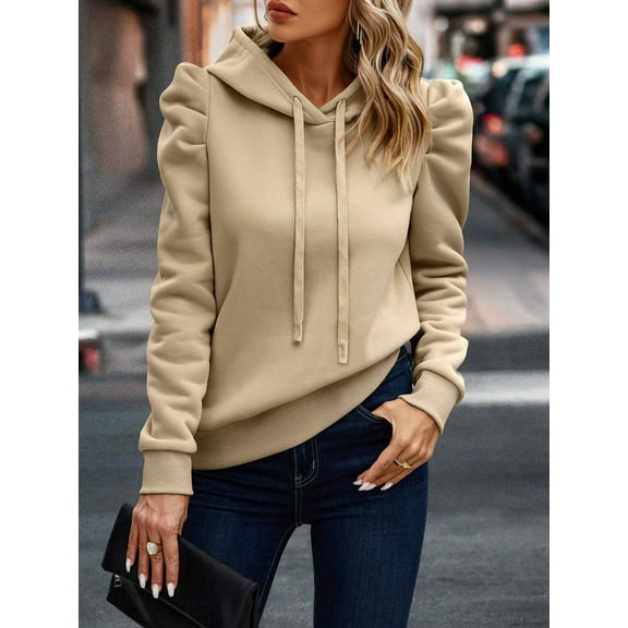 Women's Casual Puff Long Sleeve Hoodie Lightweight Pullover Tops Padded Shoulder Solid Loose Sweatshirt Fall Outfits