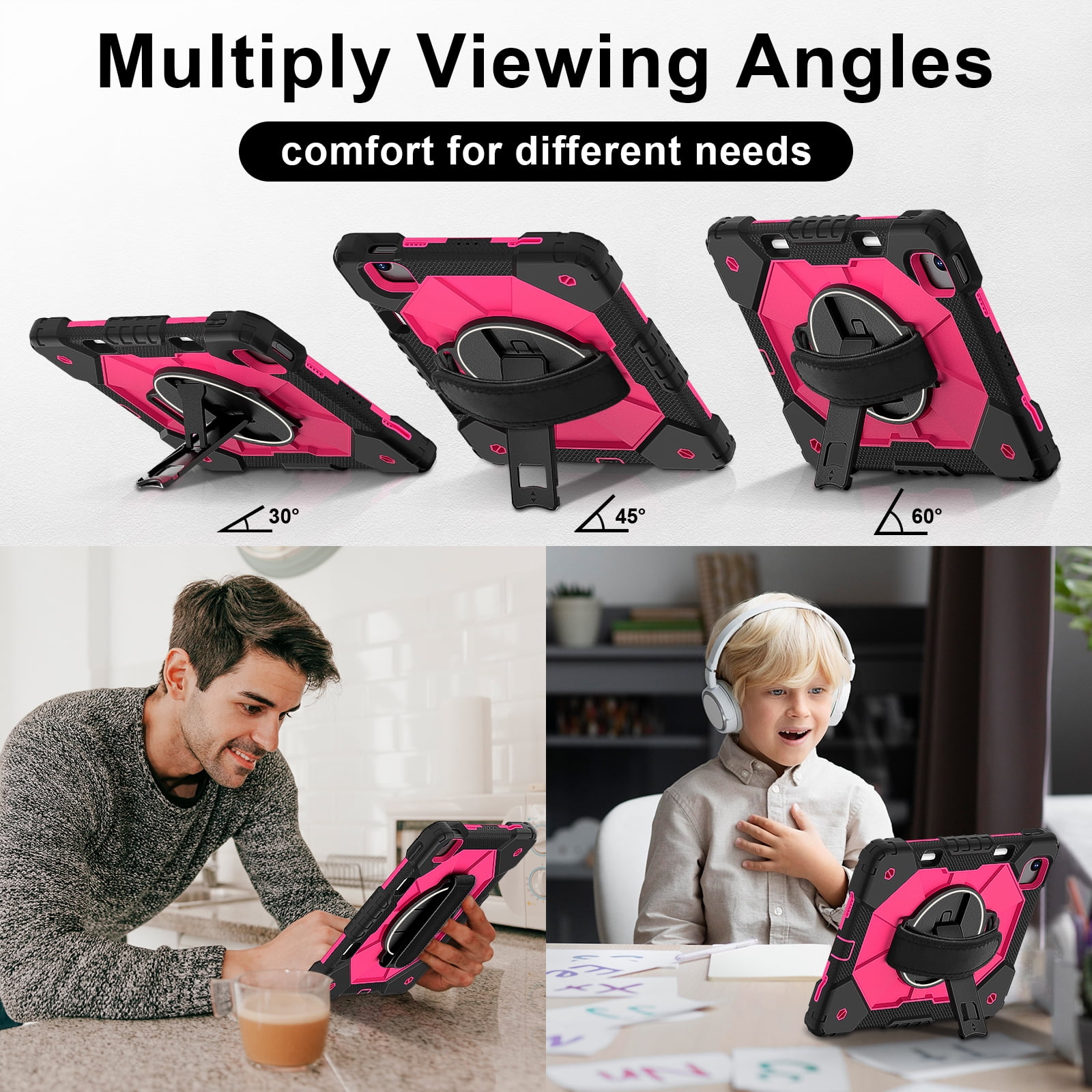for iPad Air 13 inch (M2) 2024 Case, Military Grade Heavy Duty Silicone Protection Cover with Pencil Holder + 360 Rotating Stand + Wrist Handle Rugged Cover for iPad Air 13" 2024, Black+Rose