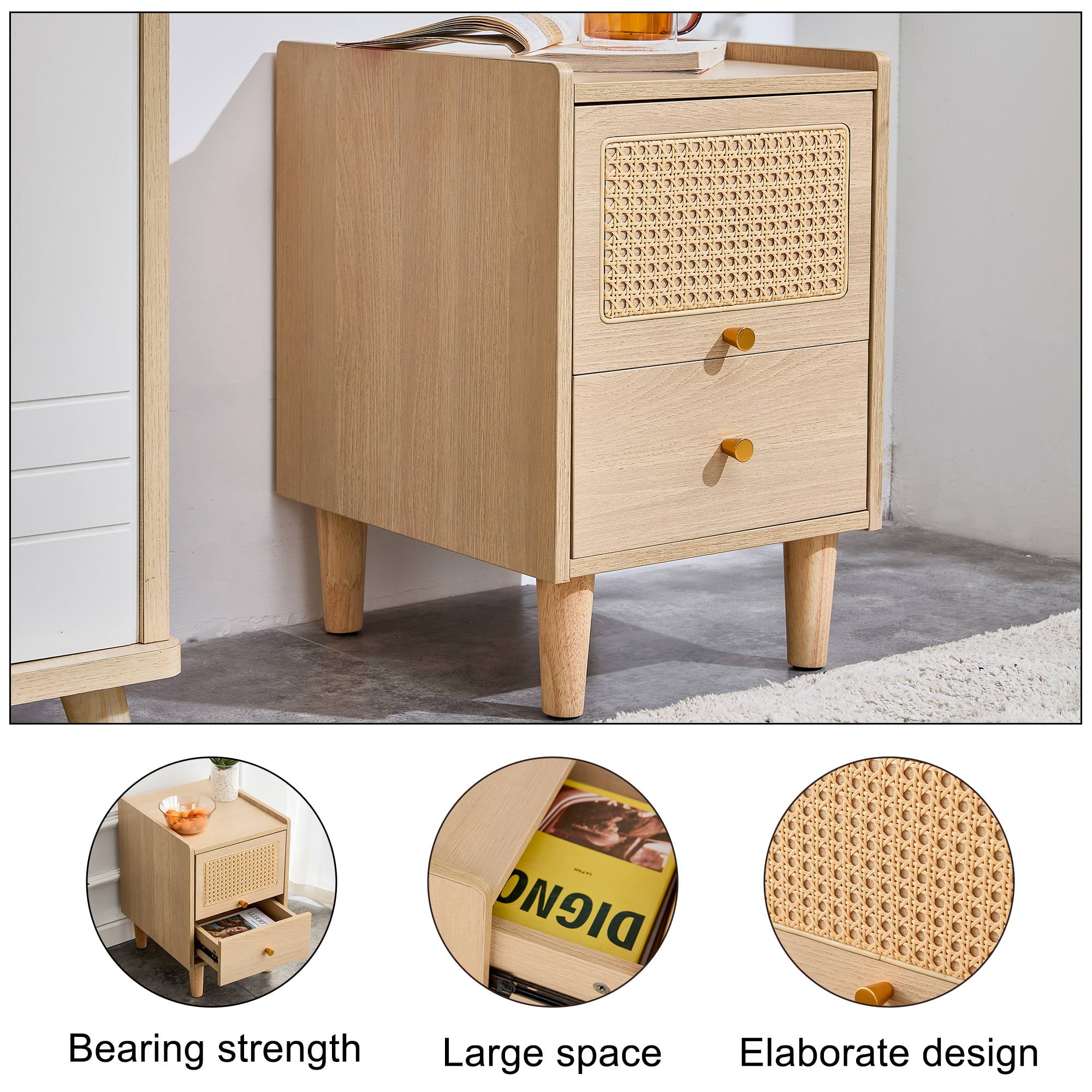 Resenkos Modern Natural End Side Table Nightstand, Bedroom Furniture with Rattan Drawers Resenkos Modern Natural End Side Table Nightstand, Bedroom Furniture with Rattan Drawers