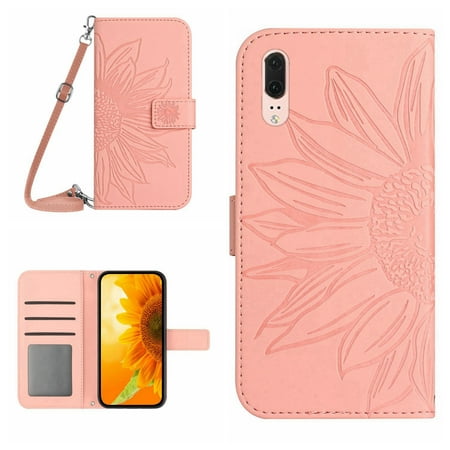 For Huawei P20 Skin Feel Sun Flower Pattern Flip Leather Phone Case with Lanyard