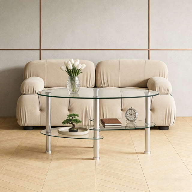 Noble House Transparent Oval Glass Coffee Table,Stainless Steel Leg,Transparent