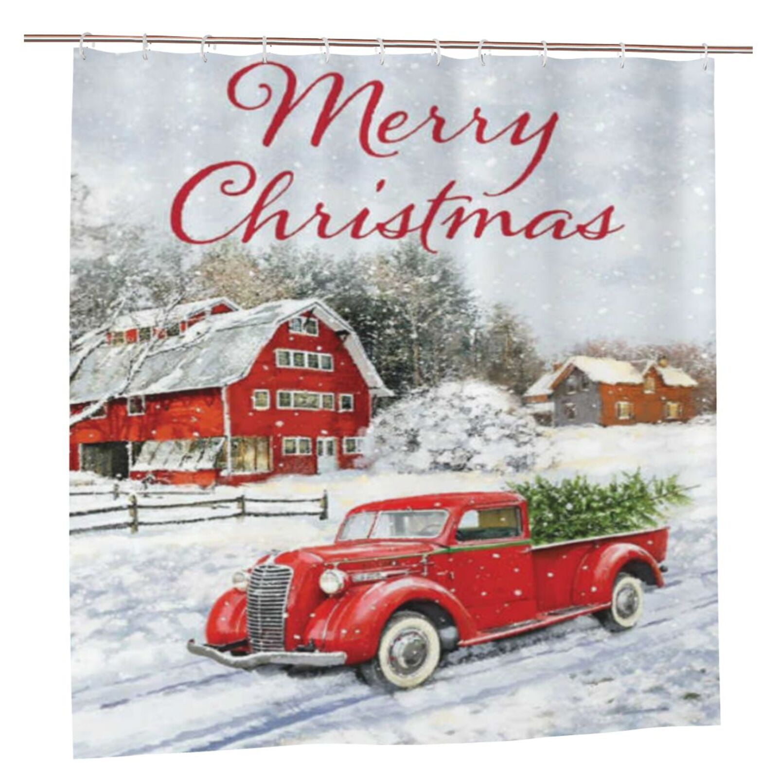 Christmas Shower Curtain Set Rustic Red Christmas Truck Pine Tree