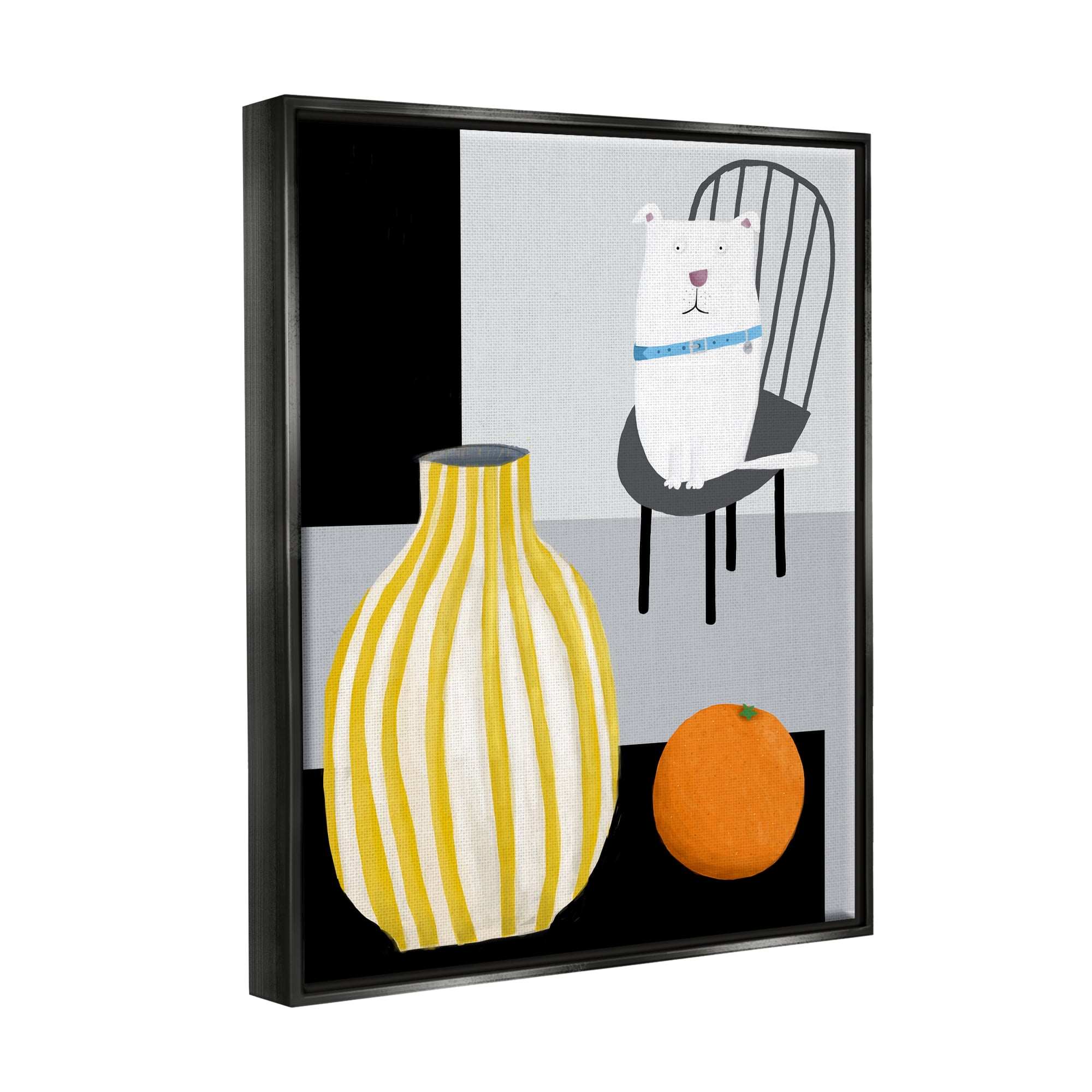 Stupell Industries White Dog Sitting Vase Still Life Animals & Insects Painting Black Floater Framed Art Print Wall Art
