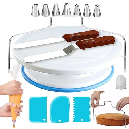 Cake Decorating Supplies Kit - 35 Piece Set with Turntable  Leveler  Non-Slip Pad  Icing Tips  Bags  Spatulas  Scrapers  and EBook - Perfect for Baking Enthusiasts