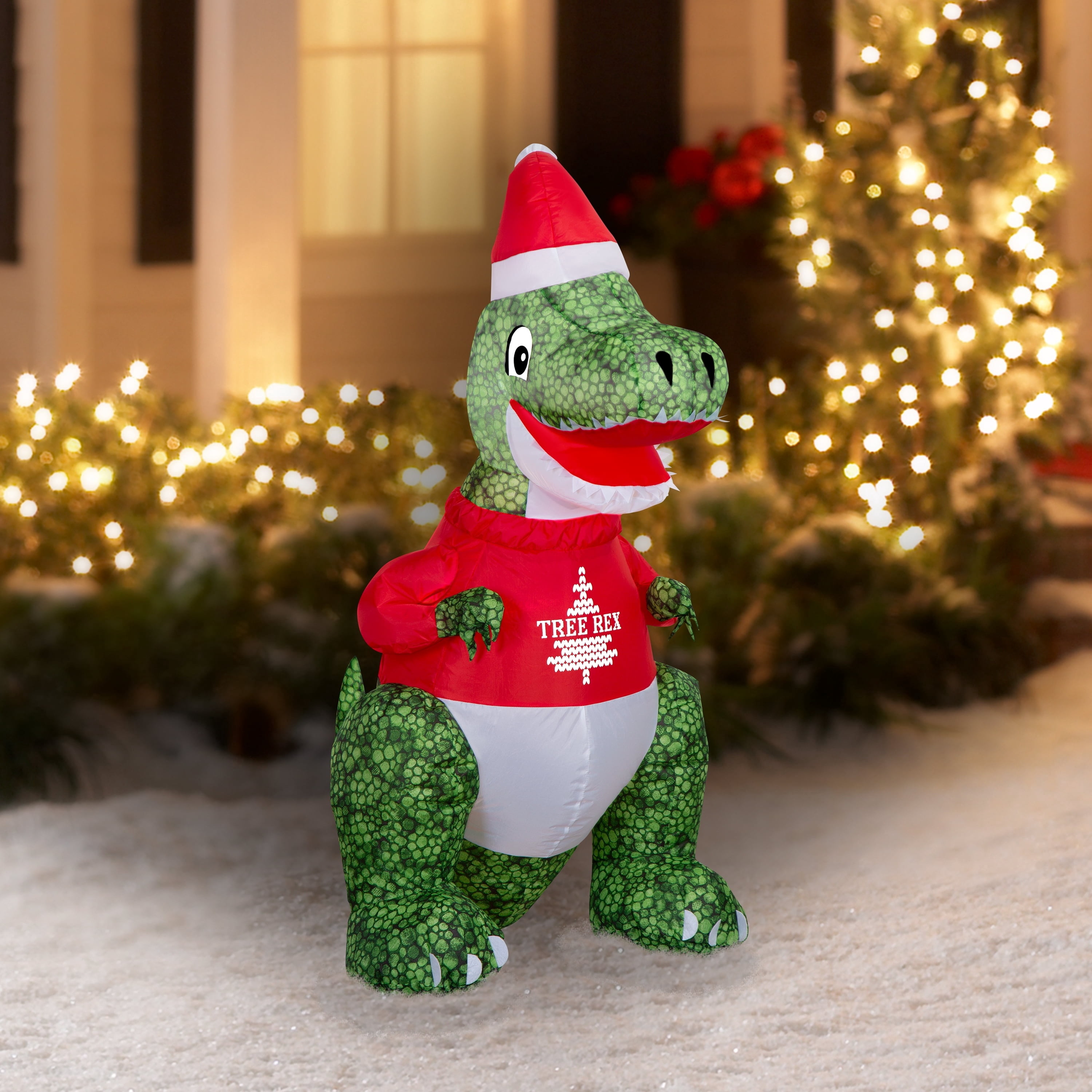 Red/Green/White T-rex Christmas Airblown Yard Inflatable, 4', by Holiday Time