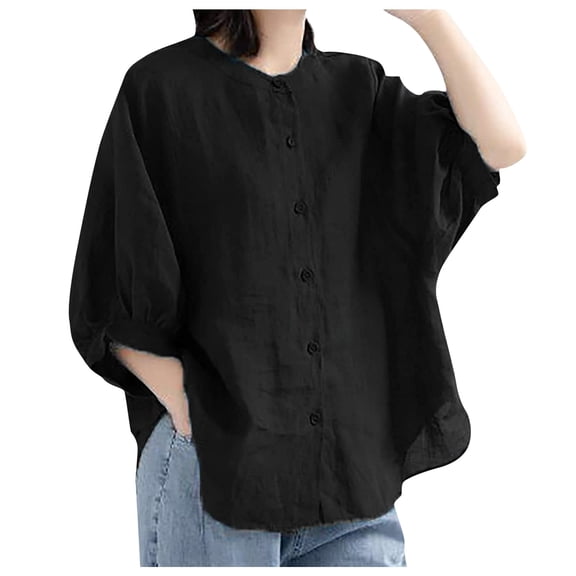 iOPQO womens t shirts Women's Short Sleeve Blouse Puffed Shirt Cotton Linen Button Front Loose Top t shirts for women Black L