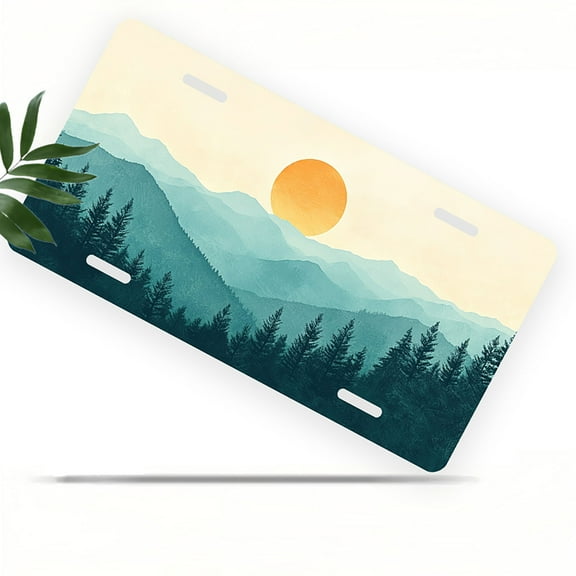 License Plate, Mountain Sunset Decorative Front,Personalized Stainless Steel License Plate Cover For Men Women,12.2" X 6.2"