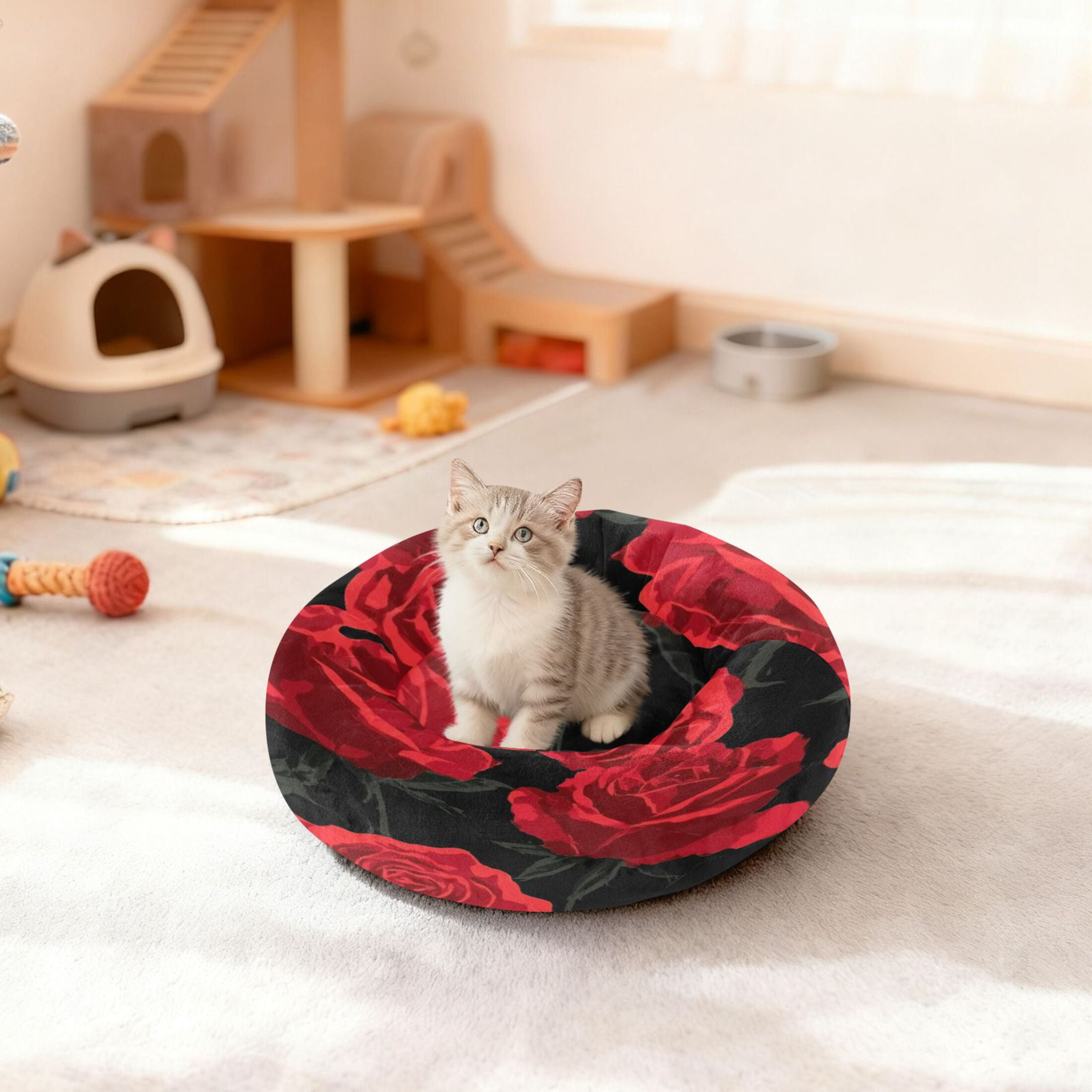 Iauyy Pet Couch Donut Cat Bed for Indoor Cats/Small Dogs Washable & Machine with Non-slip Bottom Calming Cat Furniture, Black and Red Roses (M)