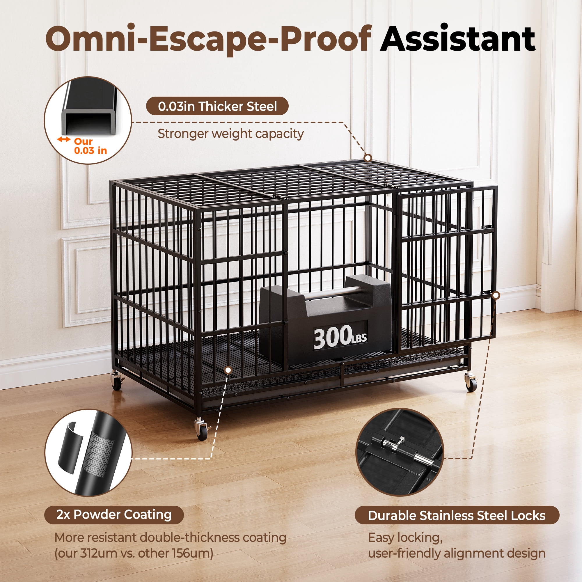 CAMMOO 48" Heavy Duty Dog Crate Cage with 4 Lockable Wheels for Indoor & Outdoor,XL Kennel for Large Dog,Max Load 300Lbs