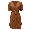 thumbnail image 5 of Bigersell Women's Dresses Ladies V-neck Solid Color Chiffon Elastic Waist Ruffled Short Sleeve Dress Sun Dresses Female Summer Casual Regular Shift Dresses, Style 37445, Brown S, 5 of 6