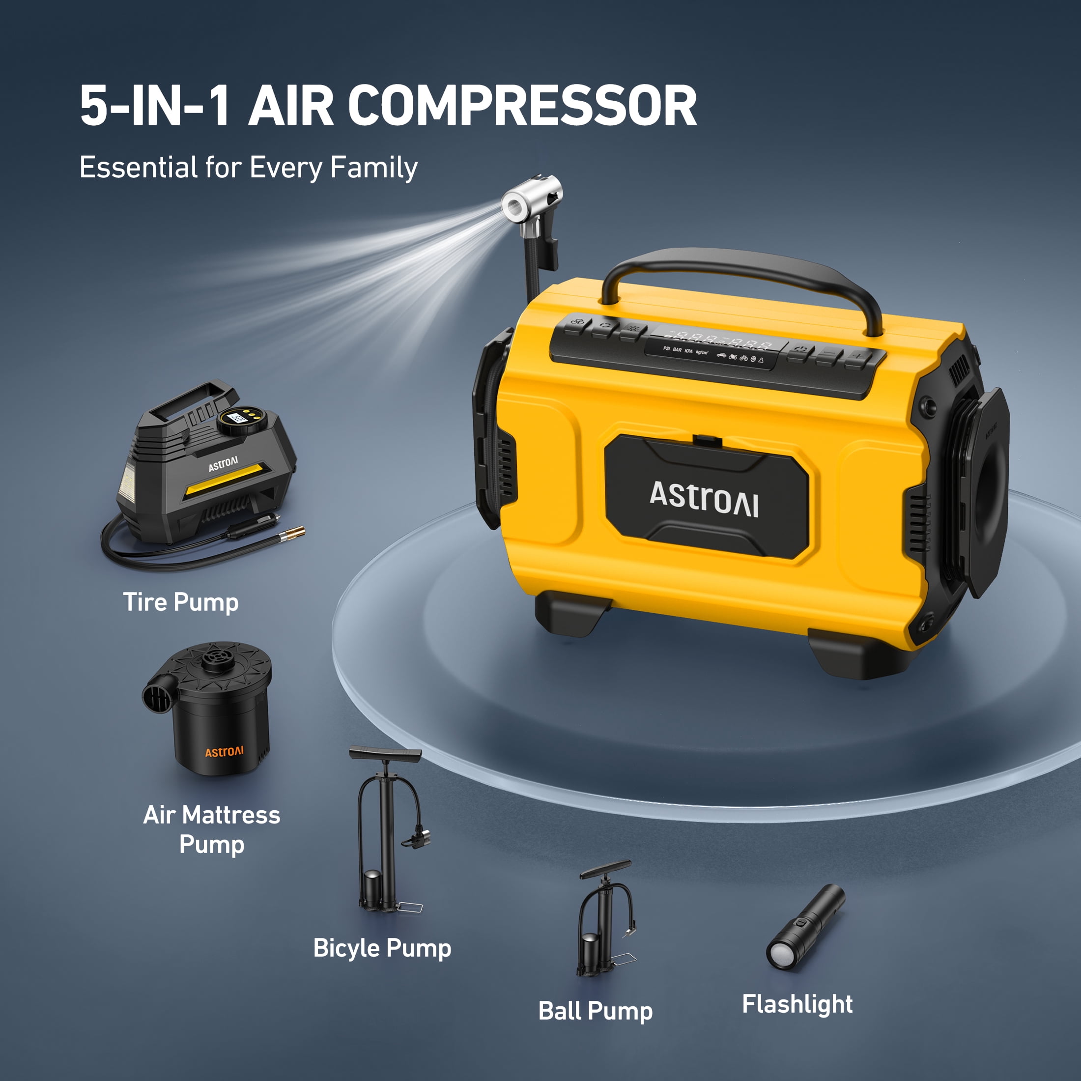 AstroAI Tire Inflator Air Compressor Portable Electric Pump for Tires, Air Pump with Dual Metal Motors Dual Power Sources 12V DC/110V AC