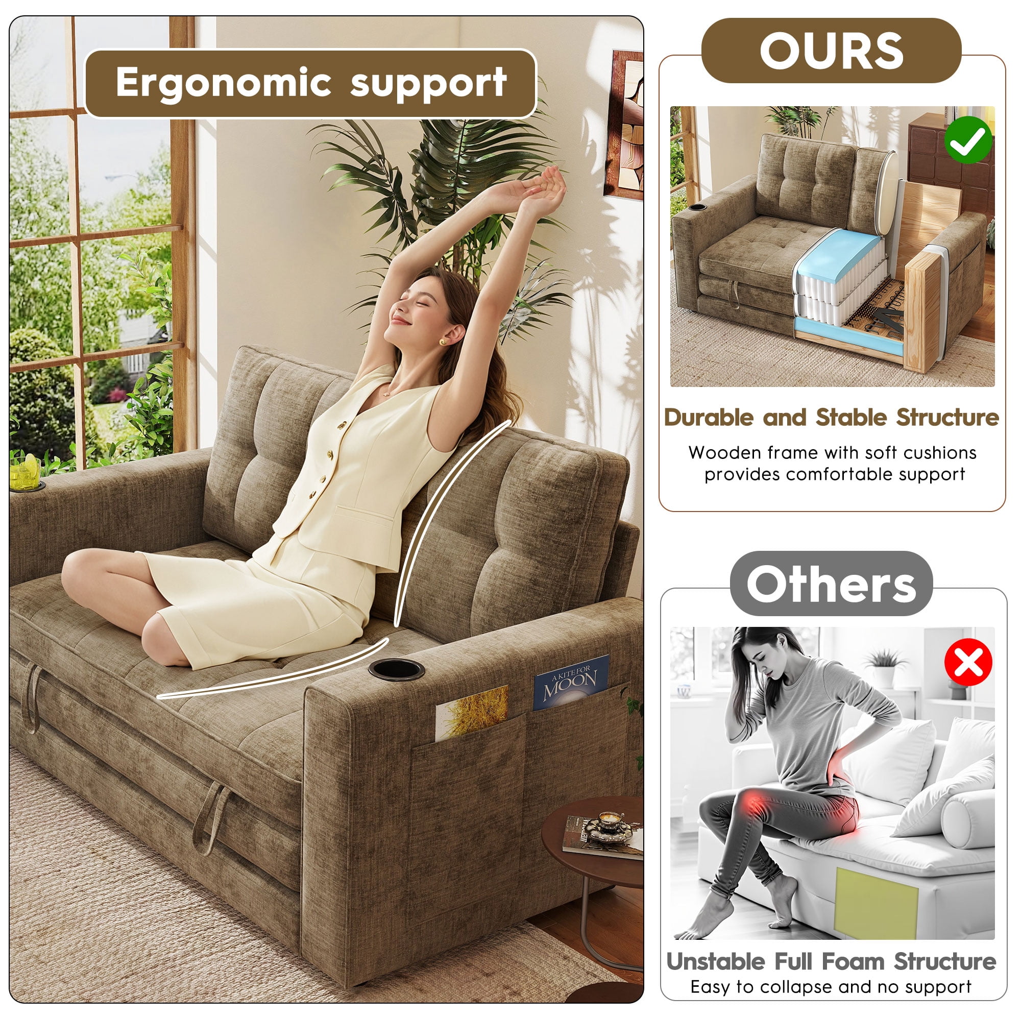 BedLuxury 55" Foldable Loveseat Futon Sofa Bed with Cup Holder & Storage Pocket, Sleeper Couch, Space Saving, Chenille Brown