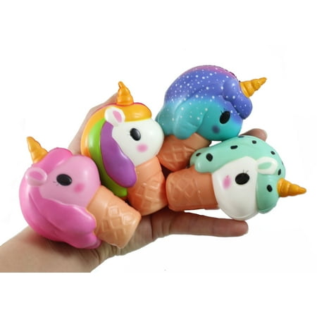 Set of 4 Unicorn Ice Cream Cone Girly Magical Theme Squishy Slow Rise Foam - Scented Sensory, Stress, Fidget Toy (All 4 Colors)