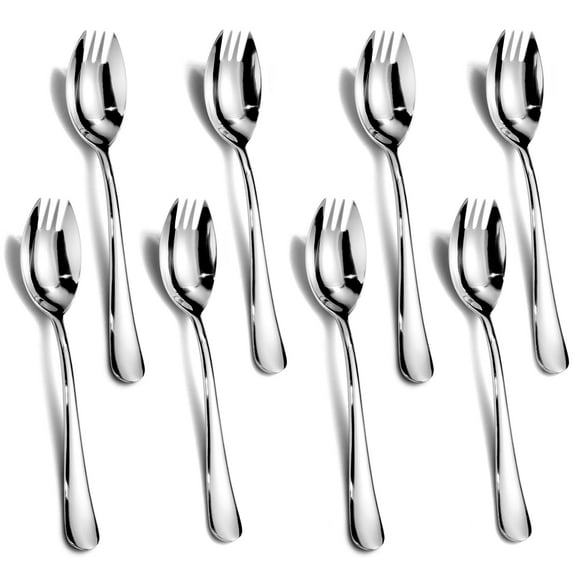 8 Pack Stainless Steel Sporks, Heavy Duty Spork Spoon and Fork Combo, 7.4 Inches for Salad, Soup, Pasta, Dessert, Camping, Dishwasher Safe, Silver