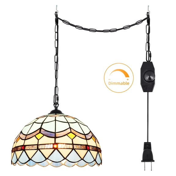 Hlite Tiffany Swag Hanging Pendant Light with Plug in Cord,Blue Stained Glass Shade(11.9in),Dimmable Ceiling Lighting Fixtures for Bedroom Beside,Bulb Not Included