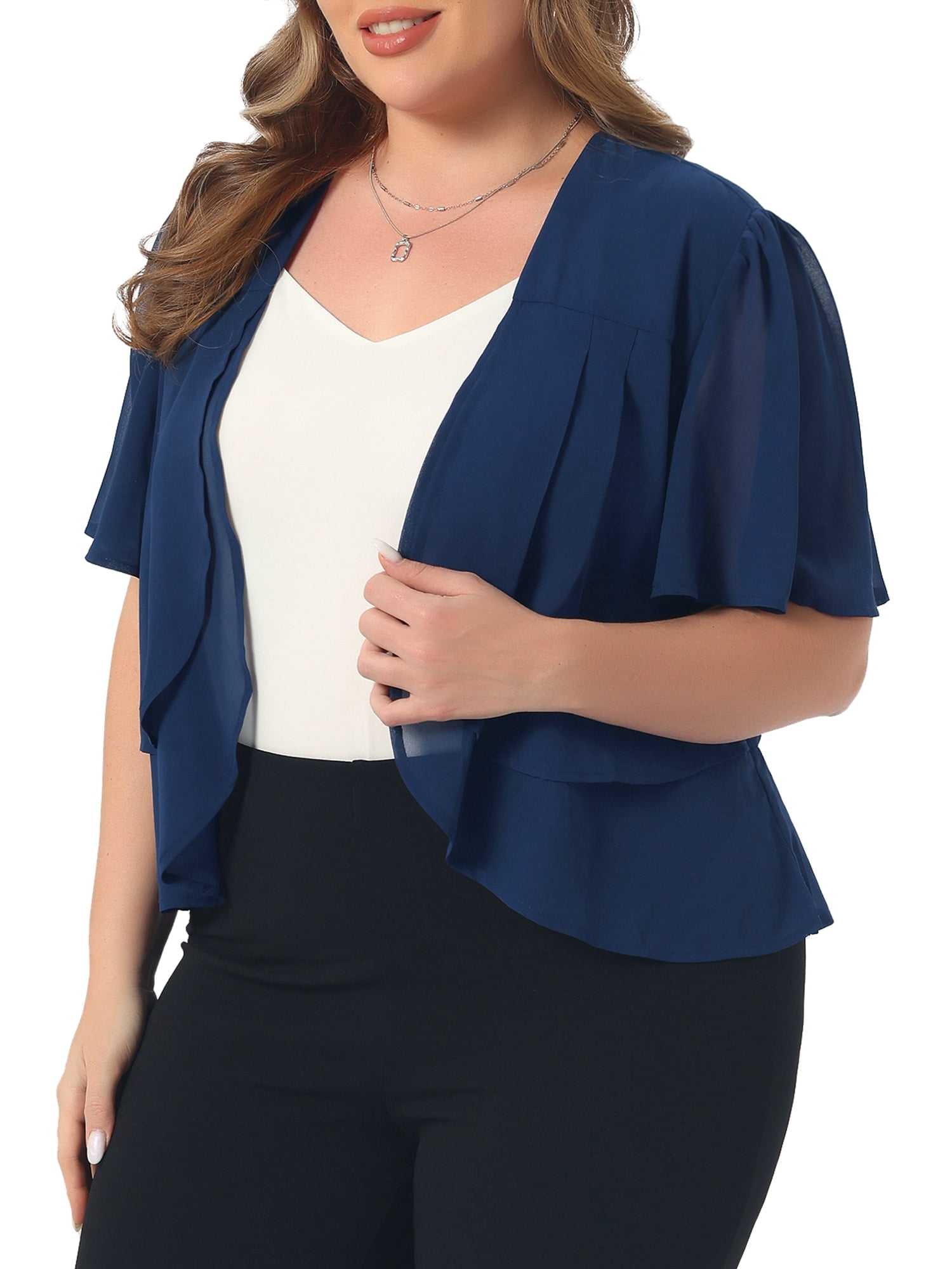 DARING DIVA Women's Plus Cropped Short Sleeve Open Front Sheer Shrug 4X Navy Blue