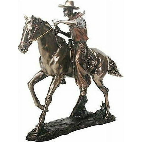 Large 21.25"Long Cowboy On Horse Figurine in Bronze Powder Finish Resin Statue