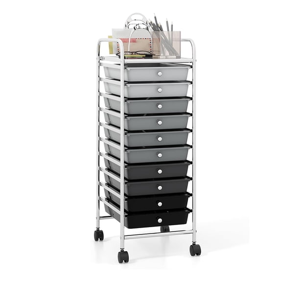 10-Drawer Rolling Trolley Organizer, Large Capacity Storage Cart with Metal Frame & PP Drawers, Flexible Movement for Home Office, Grey