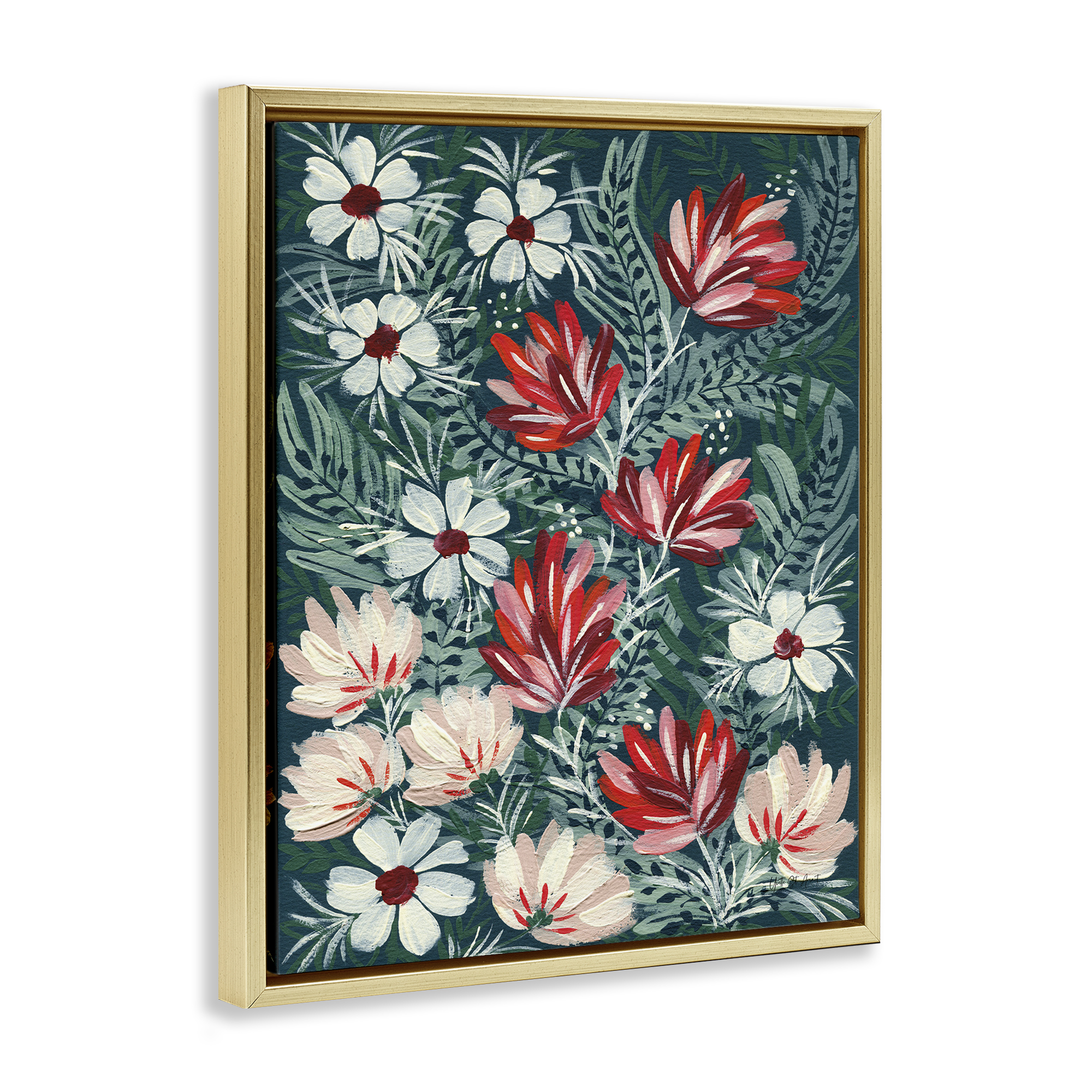 Stupell Industries Folksy Floral Pattern Botanical & Floral Painting Gold Floater Framed Art Print Wall Art, 25 x 31