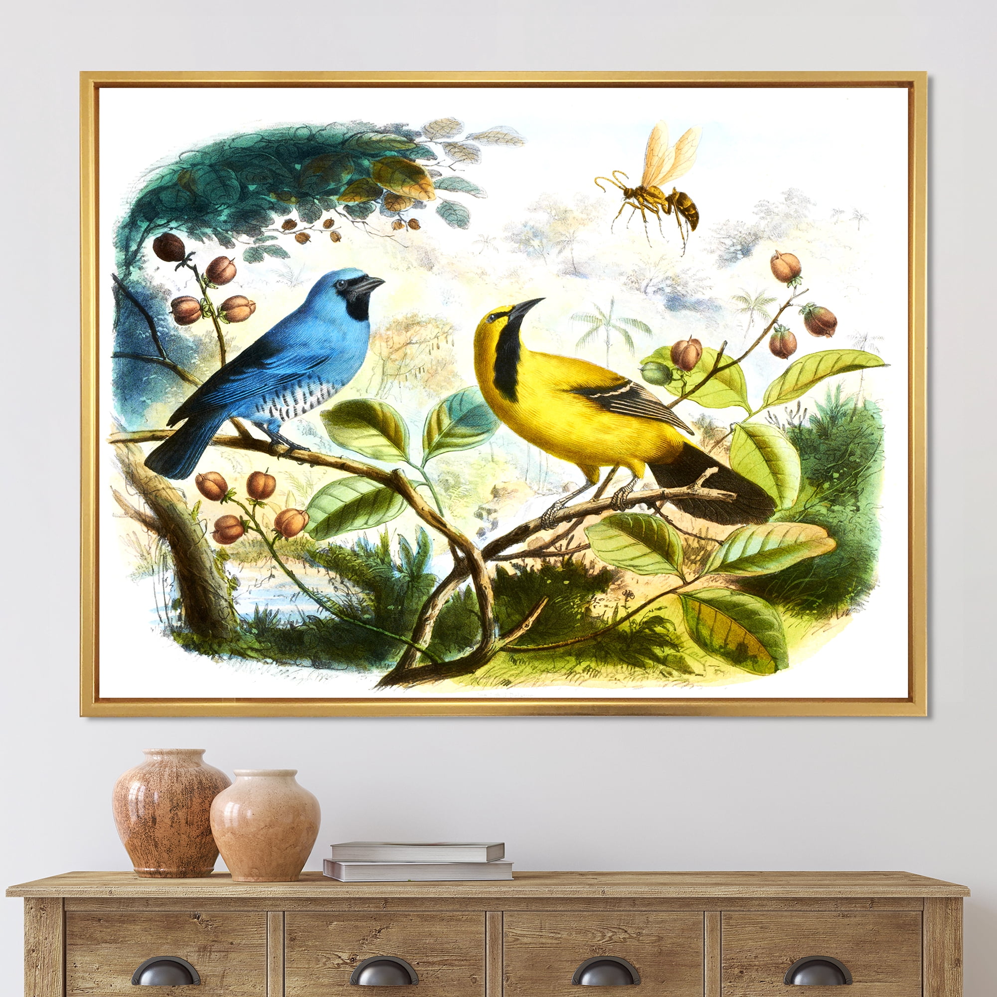 Designart 'Yellow and Blue Bird In The Wild' Traditional Framed Canvas Wall Art Print