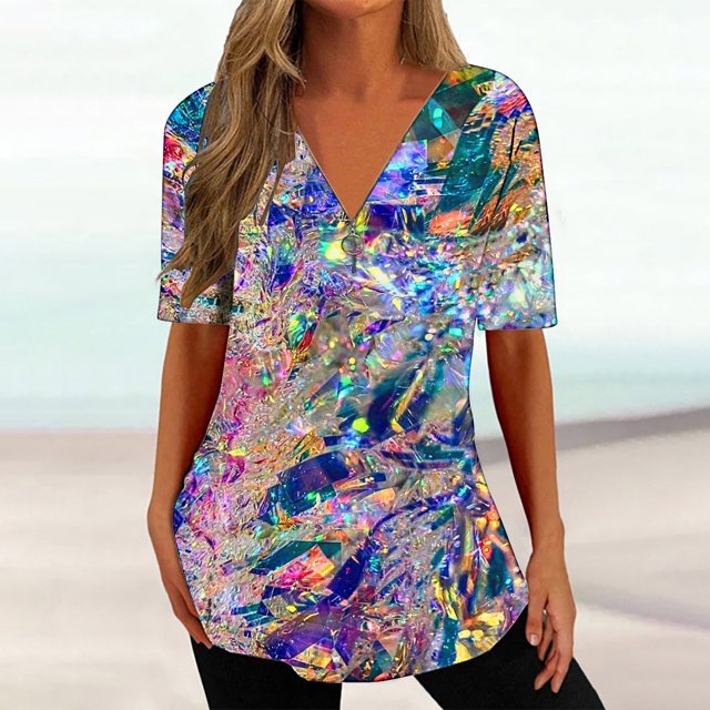 Qiopertar Blouse à Manches Courtes à Fermeture Éclair Dégradée pour Femmes en Solde à Moins de 5$ en Solde