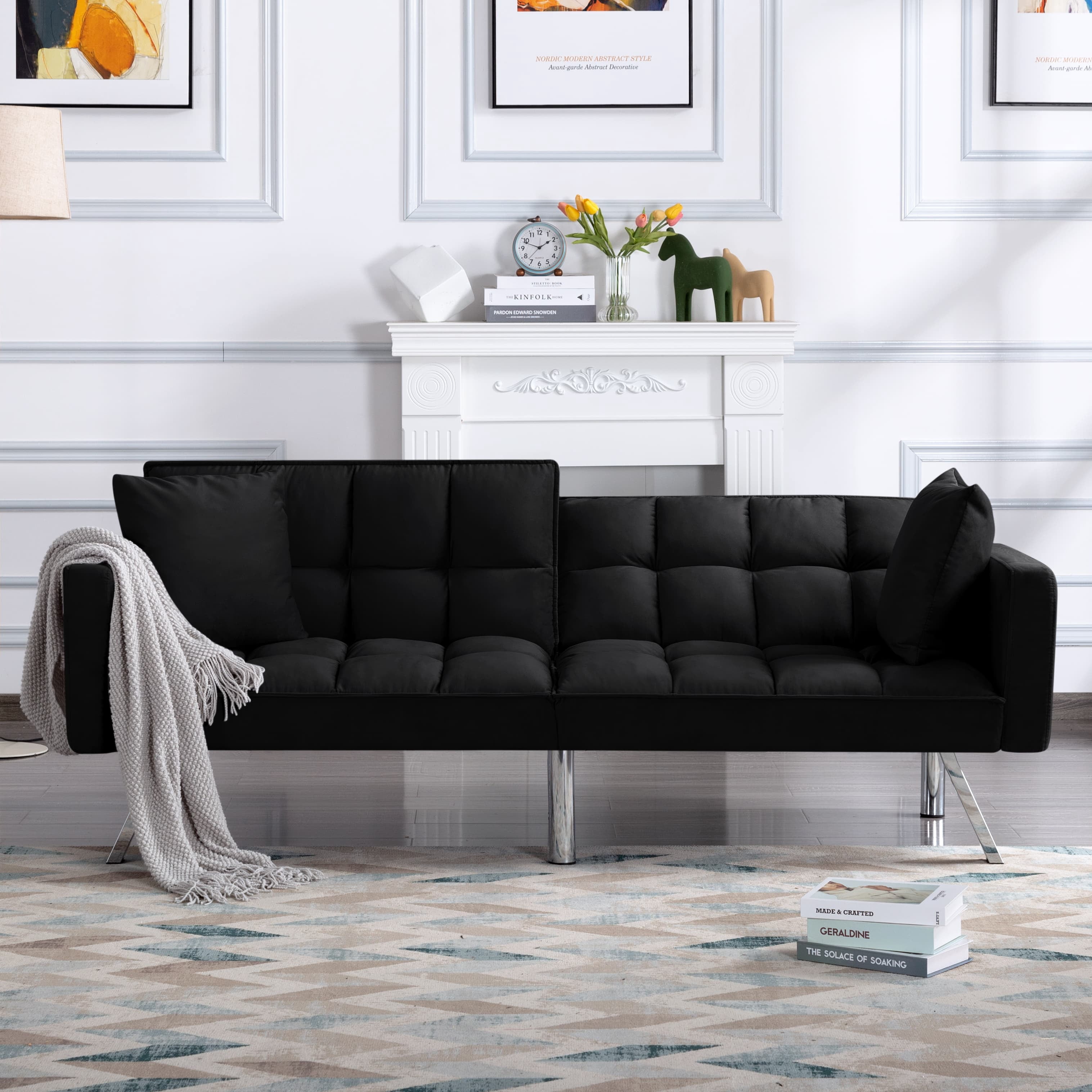 BSHTI 74”Tufted Futon Sofa Bed,Twin Size Black Velvet Fabric Sleeper Sofa,3 Angles for Adjusting Sofa,for your Home,Office,and Guest Room
