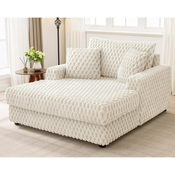 Oversized Chaise Lounge Chair, No Assembly Required, 850lbs Support, Plush Corduroy Upholstered Sofa Bed Cozy Sleeper Couch for Living Room, Bedroom, Beige White