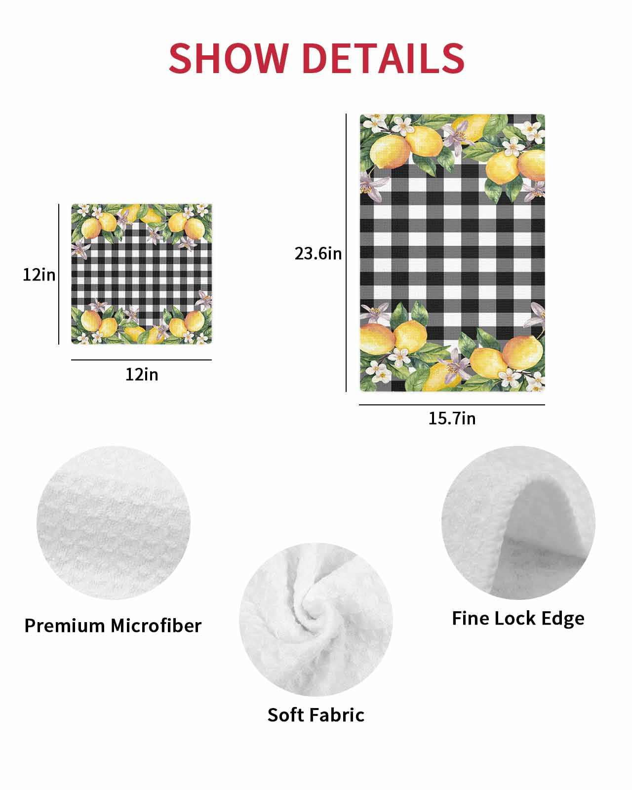 Lemon Hand Towels Set, Waffle Weave Kitchen Towels 2 Pieces, Black Plaid Check Yellow Fruit Flower Floral Microfiber Hair Face Bath Tea Towel Absorbent Quick Drying Cleaning Dish Cloths 15.7"x23.6"