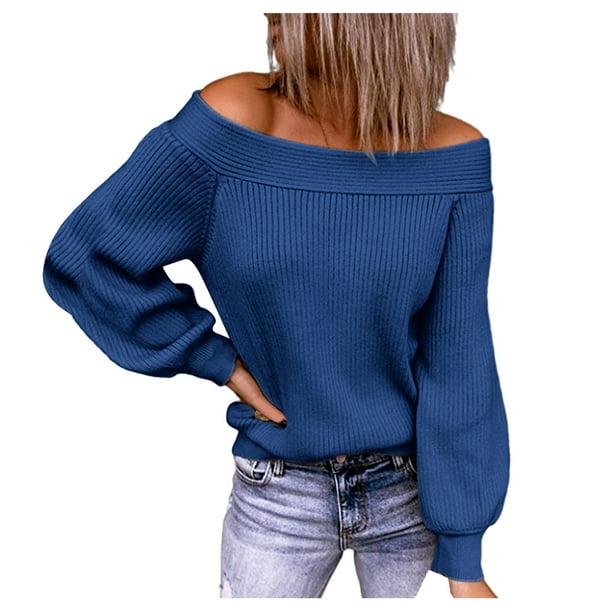 Gibobby Suéteres mujer, Suéter Trenzado de Cuello Redondo para Uso Diario Suéter pulóver para Mujer(Azul,M)