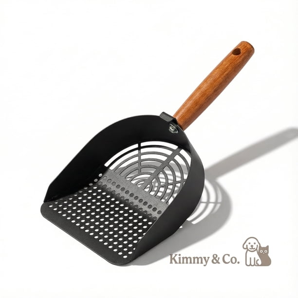 Kimmy&Co. Pala para Arena de Gato de Acero Inoxidable de Alta Resistencia con Soporte de Pared, Agujeros Redondos Negros