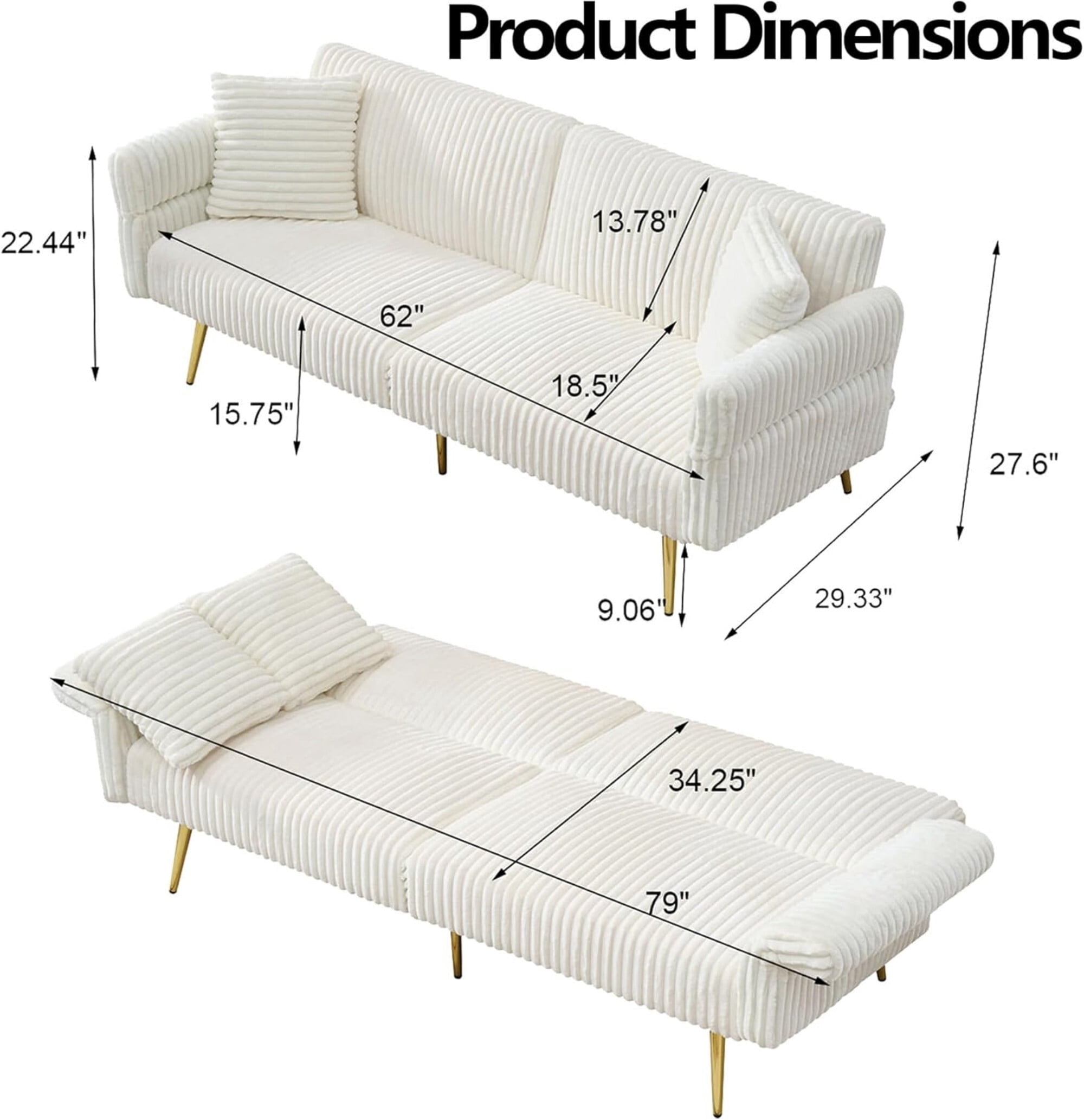 AENKYO 79'' Corduroy Convertible Futon Sofa Bed, Modern Sleeper Couch with Adjustable Arms & Back, White