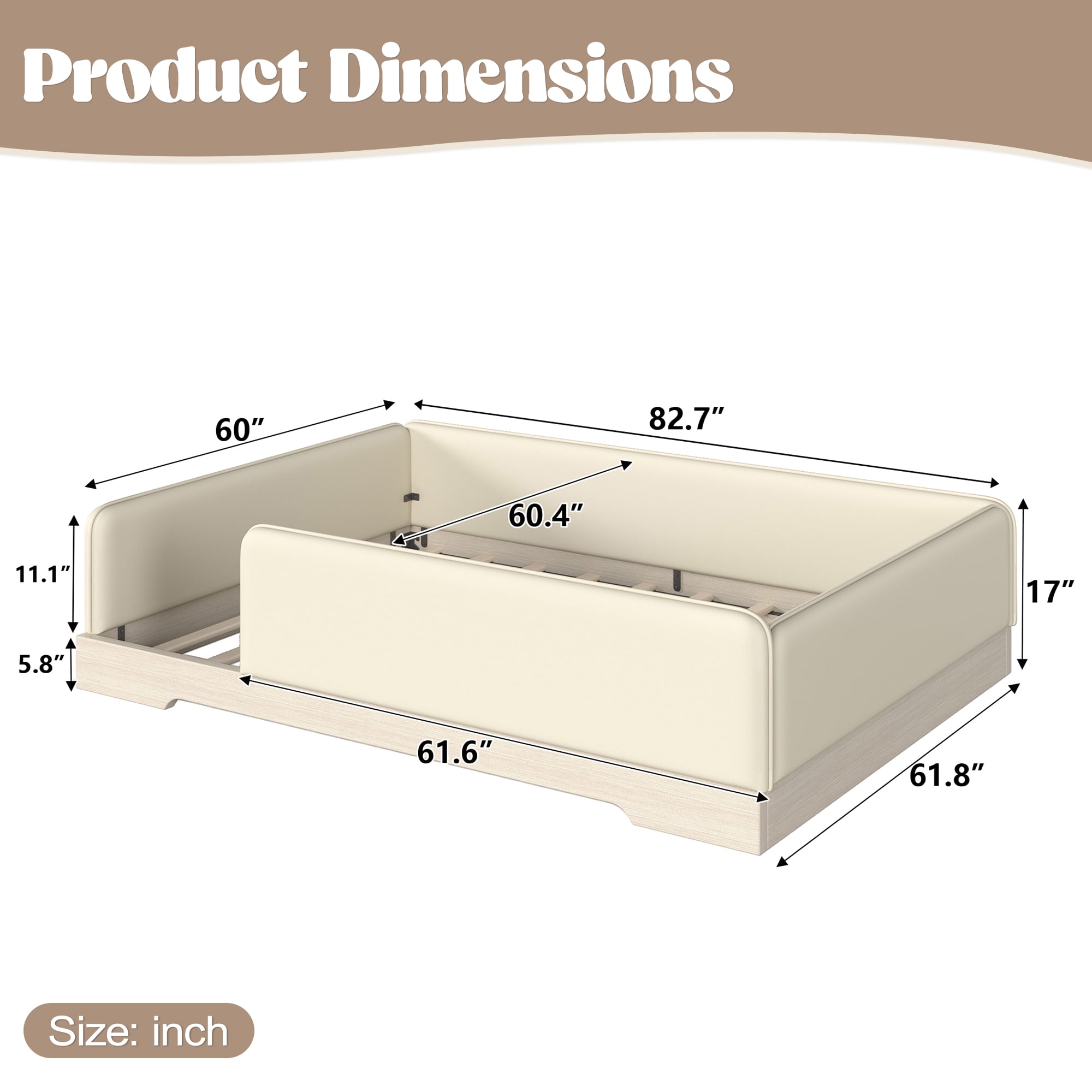 Queen Upholstered Floor Bed 82.68 Inch, Faux Leather Montessori Bed with Removable Guardrails, Low Profile Platform Bed for Kids, Beige