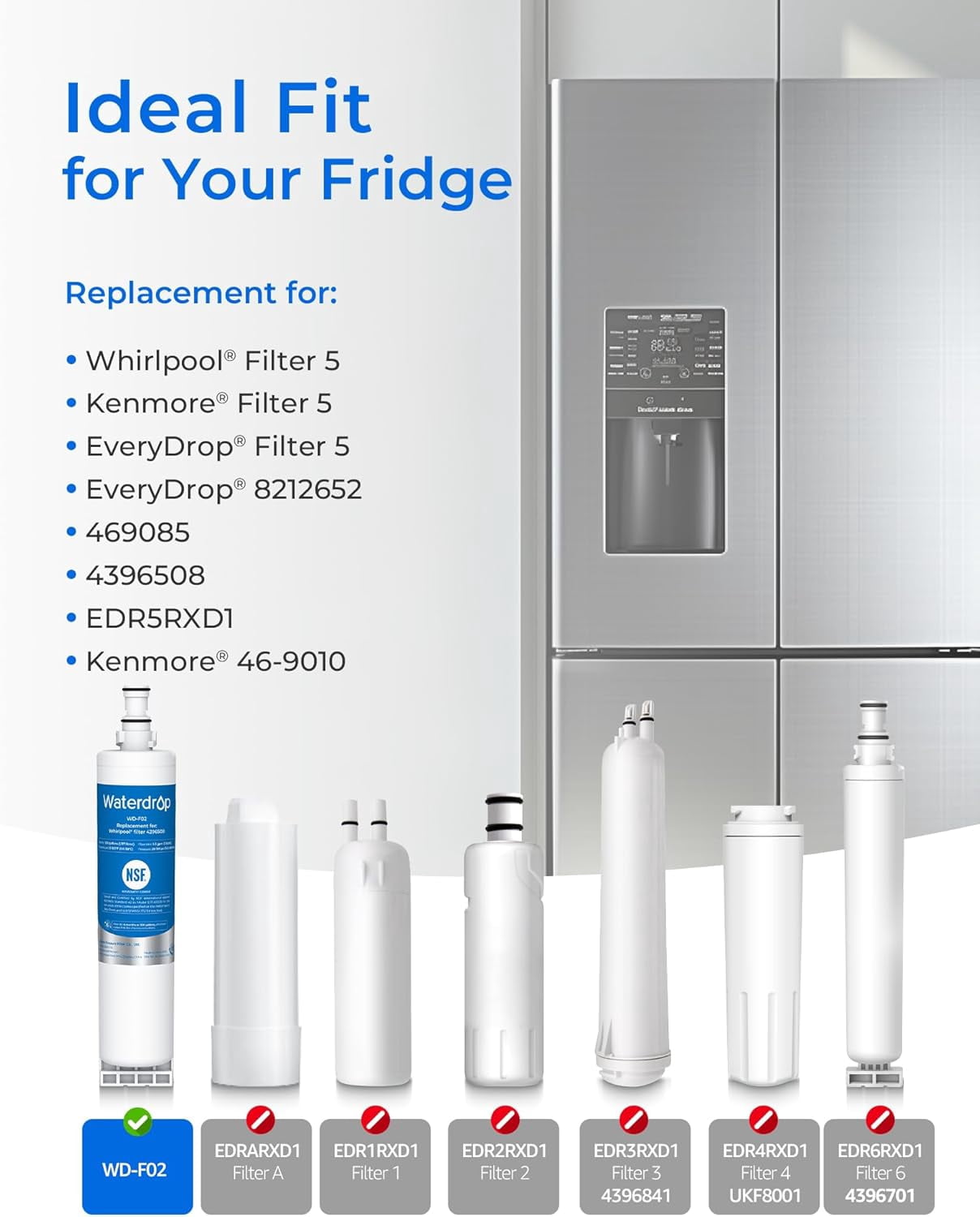 Waterdrop 4396508 Replacement for Whirlpool 4396508 4396510, EDR5RXD1, NLC240V, PNL240V, Everydrop Filter 5 Refrigerator Water Filter, 6 Pack