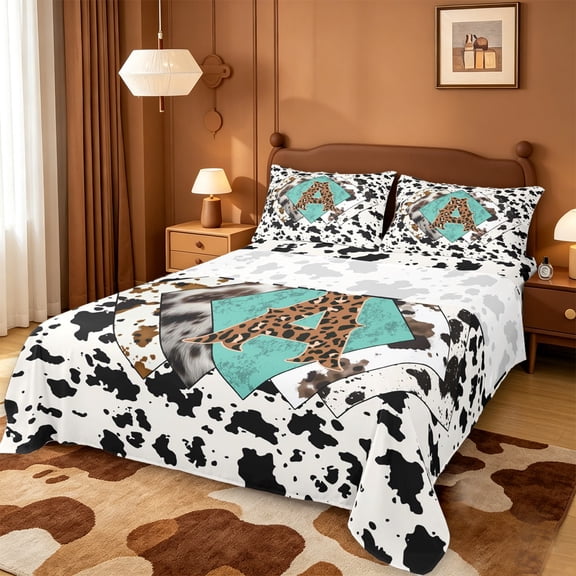 meiyoeat Cow Print Monogram A Bed Sheets For Boys,Western Leopard Initial Full Size Sheets,4pcs,1 Flat Sheet,1 Fitted Sheet and 2 Pillowcases