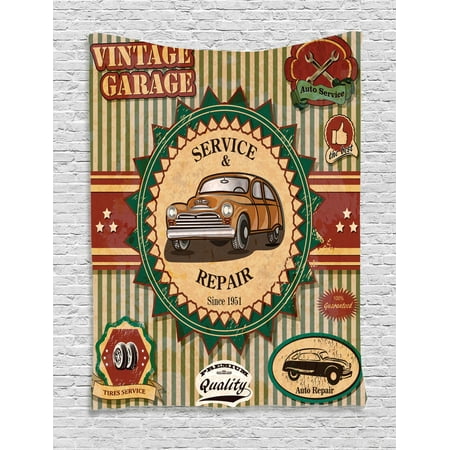 - 1960S Decor Wall Hanging Tapestry, Collection Of Vintage Retro Car Label In Faint Color Sixties Dated Irony Pop Art Work, Bedroom Living Room Dorm Accessories, By Ambesonne