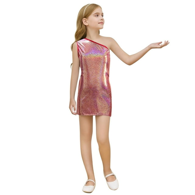 Wdgfv Robe à Paillettes pour Filles, Robe Moulante de Fête, Robe de Danse Sans Manches Scintillante pour Fête d'Anniversaire, Design Élégant à Col Rond, Rouge, 13-14 Ans