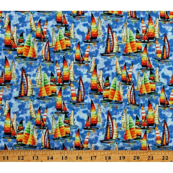 Cotton Sailboats Nautical Painted-Look Italy Portofino Sailboat Multicolor Cotton Fabric Print by the Yard (120-99071)