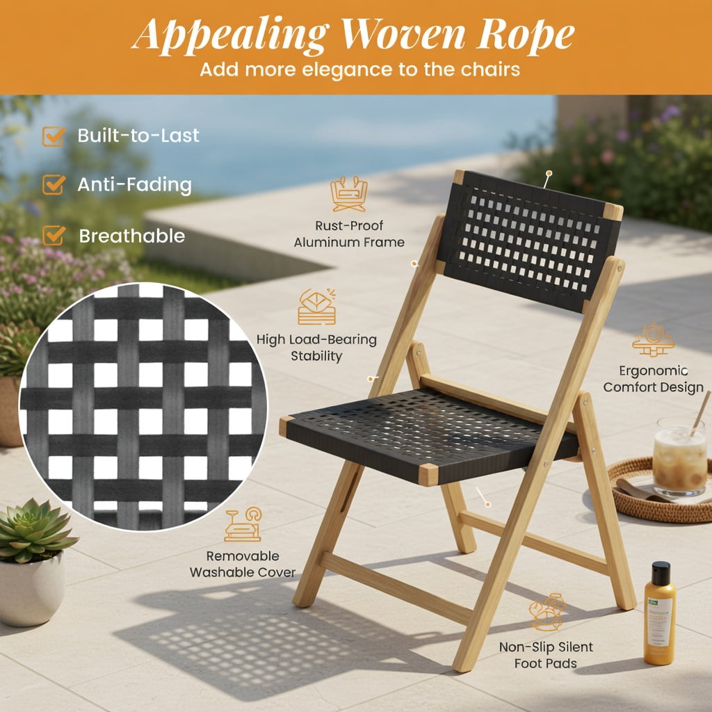 Hommoo 2-Pack Folding Teak Wood Dining Chairs with Woven Rope Seat & Back, Indoor/Outdoor Stackable Patio Chairs for Backyard, Poolside, Camping, Natural+Black
