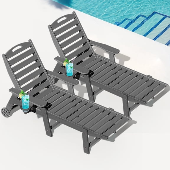 Wood Look Set of 2 HDPE Outdoor Chaise Lounge Chair, Rolling Pool Lounger, Gray