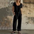 thumbnail image 2 of XUNKUSGA Two Piece Sets for Women Soild Color Soft Cotton Linen U Neck Top and Button Up Wide Leg Long Pants Matching Sets Women Clothing with Pockets,Black,XL, 2 of 10