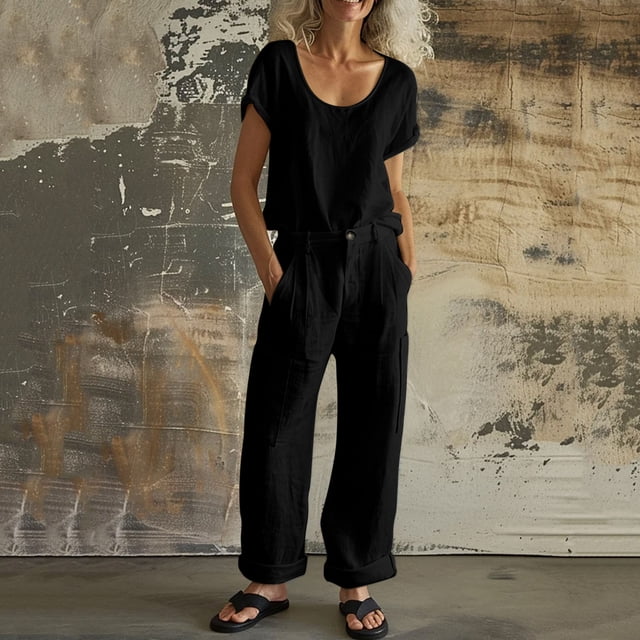 TaTaai Women's Spring Summer Two Piece Outfit Short Sleeve Round Neck T-Shirt and Cargo Trousers Solid Color Casual Matching Set for Daily Wear Gift