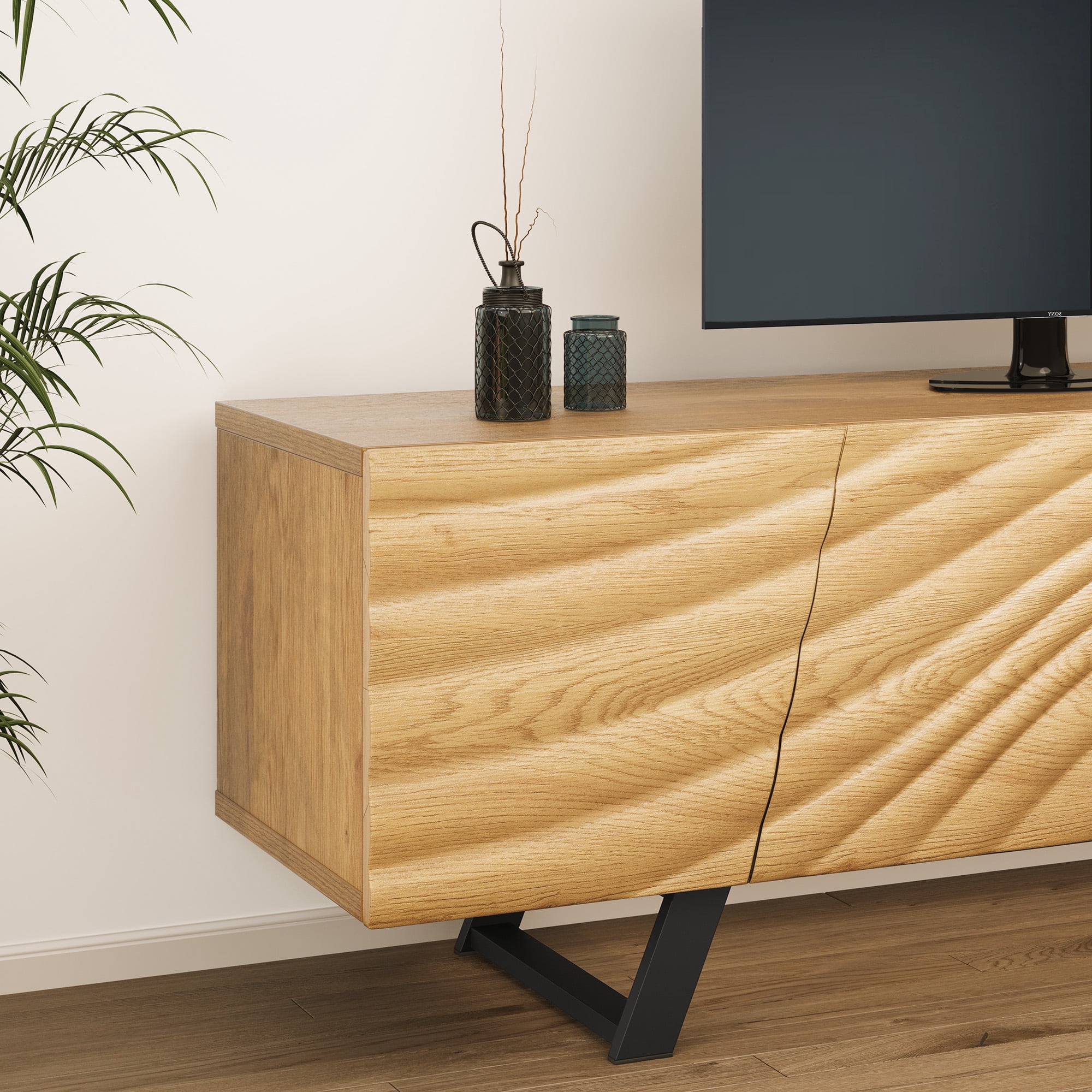 Dextrus 63” Modern TV Stand for TVs up to 65'' Flat Screen 21.6''H Wood TV Console Media Cabinet with Storage, Oak