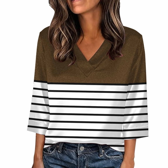3/4 Length Sleeve Womens Tops Striped Shirts Henley Shirts for Women V Neck Summer Trendy Work Clothes Ladies Fashion Outfits
