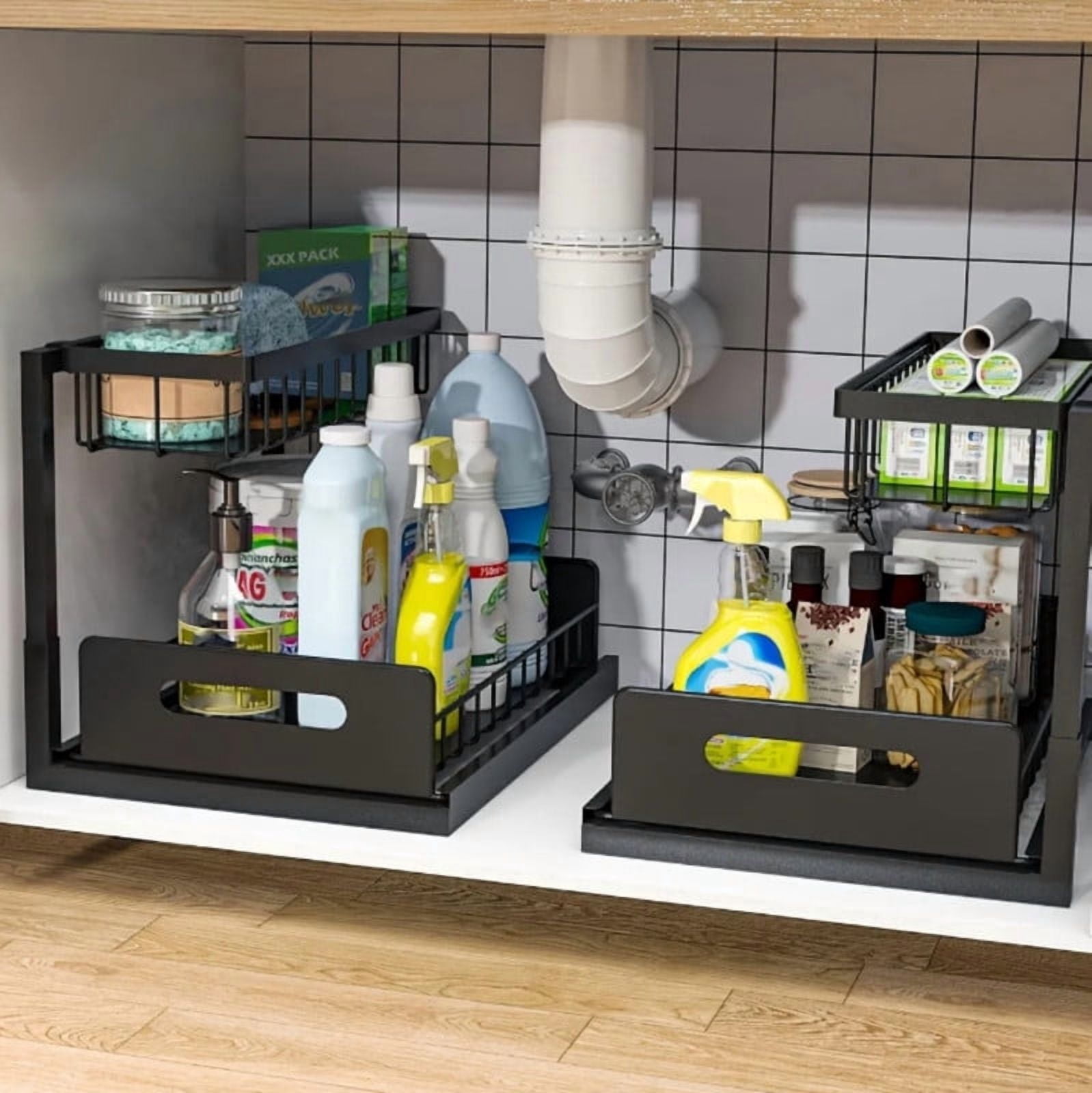Under Sink Organizers Storage, 2 Tier Under Cabinet Organizer Shelf, Pull Out Kitchen Bathroom Sink Organizer Storage Organization, 2 Pack