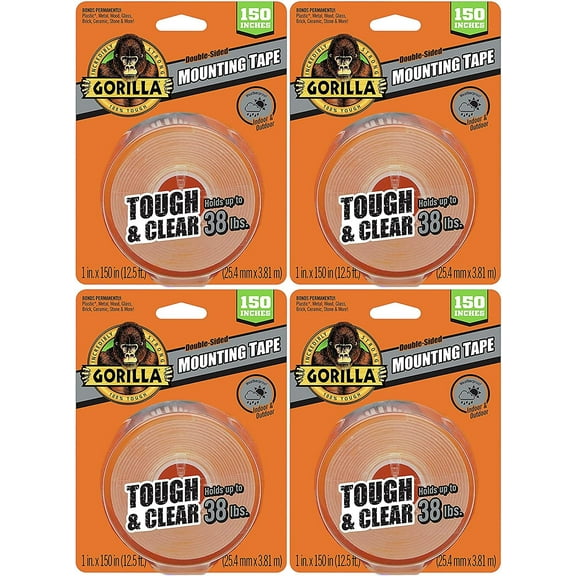 Gorilla Tough & Clear Double Sided XL Mounting Tape, 1" x 150", Clear, 4 Pack of 1