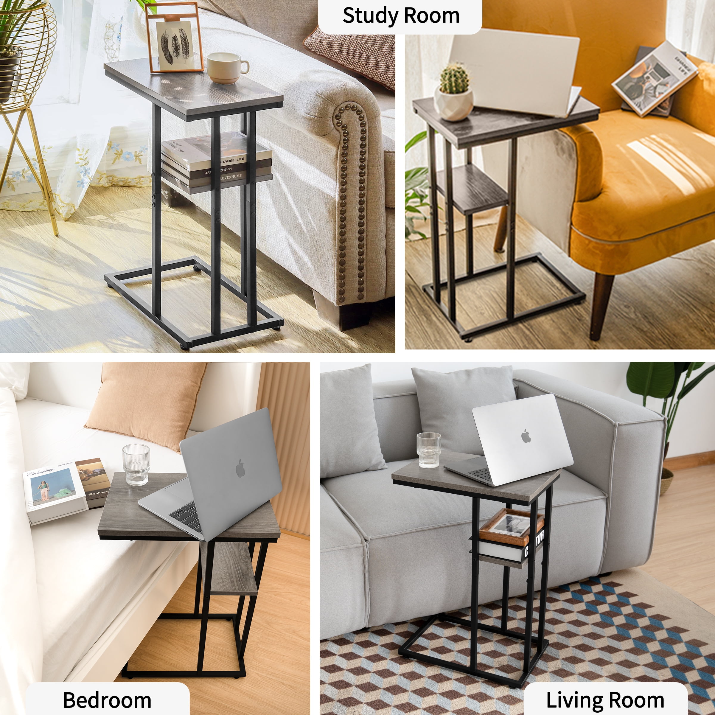 C Shaped End Table, Side Table for Couch and Bed, Small Side Table for Small Spaces, Living Room, Bedroom, Rustic Snack Table